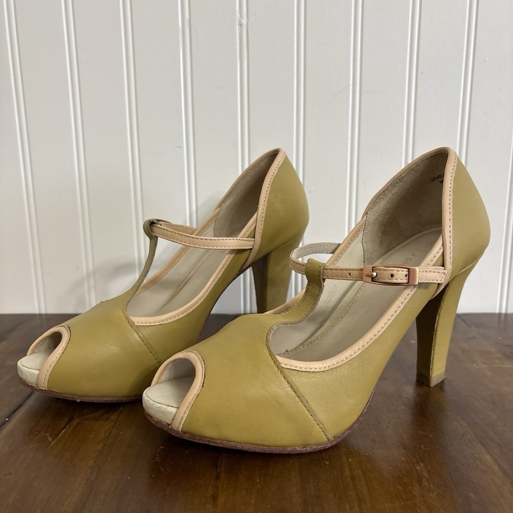 J SHOES Seville 8.5 Chartreuse Green Leather T-Strap Peep Toe Pumps Retro Pinup